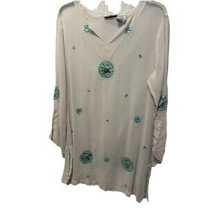 CZ Cover Ups White  with Silver/Aqua Sequin Trim Sheer Cover Up ~ Size Large
